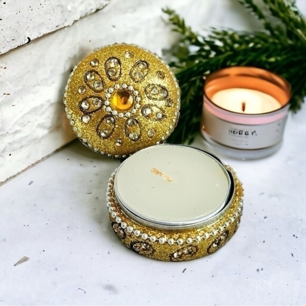 Handmade Rhinestone Beaded Tea Light Candle Holder Tin Box Travel 1.75" Jeweled
